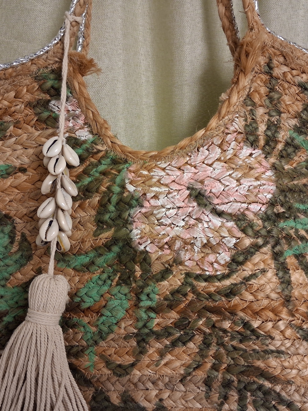 Woven Straw Tote Bag with Pink & Green Accents